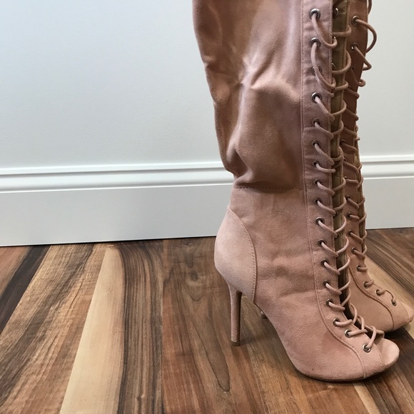 ‼️ Pink Suede Thigh High Lace Up Heel Boots - Picture 2 of 4